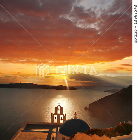 Santorini island with church in the evening, Fira, Greece 13963543