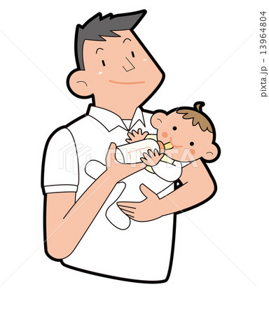 赤ちゃんにミルクを飲ませるお父さん のイラスト素材