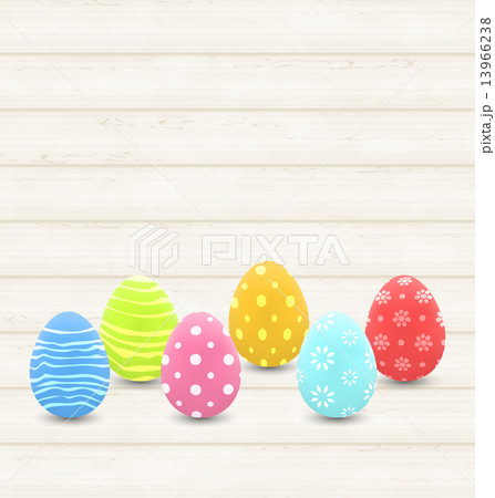 wooden background with colorful traditional eggs for Easter 13966238