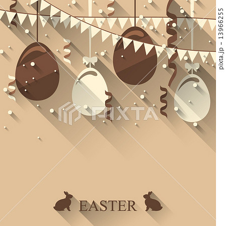 Easter background with chocolate eggs, serpentine and bunting fl 13966255