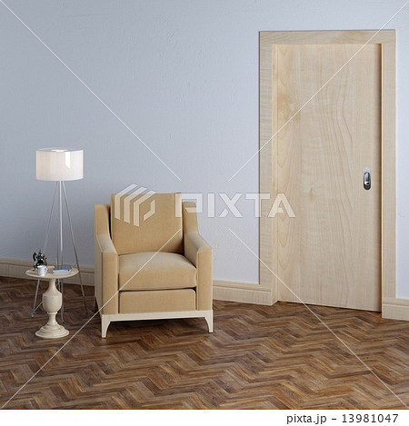 Textile beige armchair and wooden door in classic interior 13981047