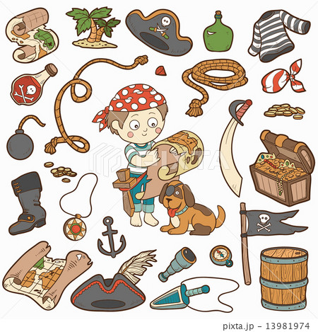 Vector set of pirate items, color cartoon collection, boy and do Vector set of pirate items, color cartoon collection, boy and do 13981974