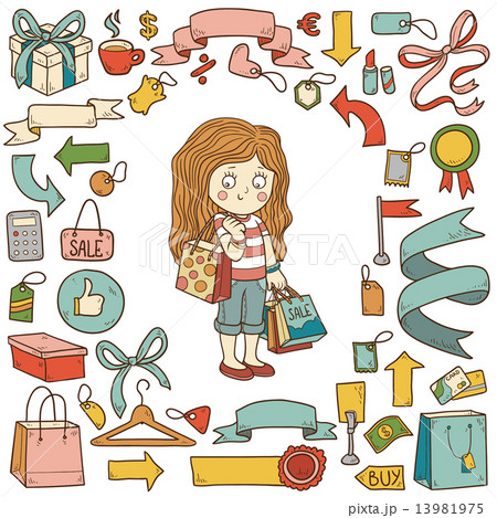 Vector set of shopping items, girl with shopping bags 13981975