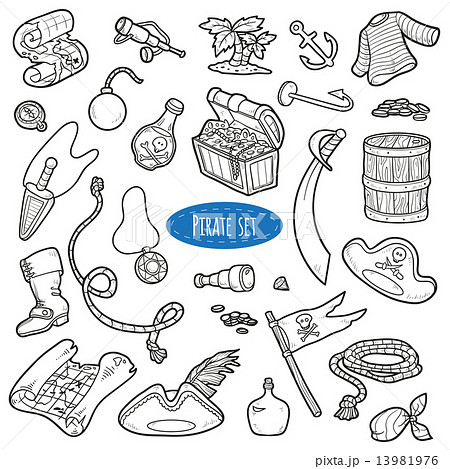 Vector set of pirate items, colorless cartoon collection 13981976