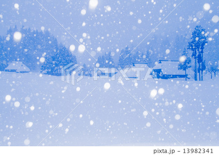 新潟県柏崎市高柳町・荻ノ島集落　茅葺き民家と降り続く雪 13982341