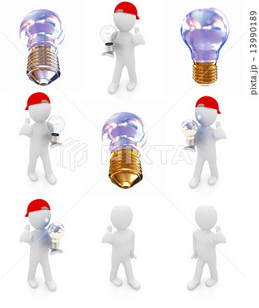 Set of 3d man with energy saving light bulb 13990189