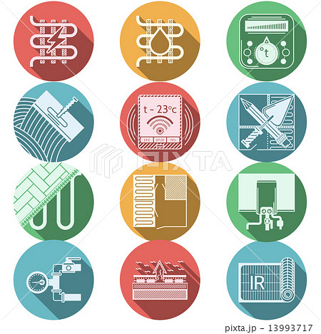 Flat round colored vector icons for heated floor Flat round colored vector icons for heated floor 13993717