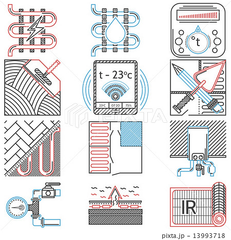 Flat line colored vector icons for heated floor Flat line colored vector icons for heated floor 13993718