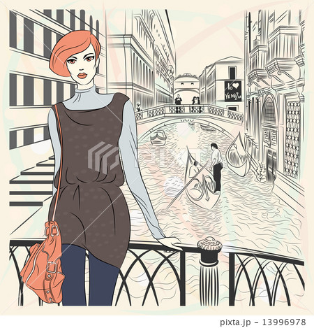 Vector lovely fashion girl on a Venice background 13996978