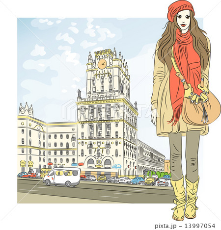 Vector sketch of a stylish girl in the city-center 13997054