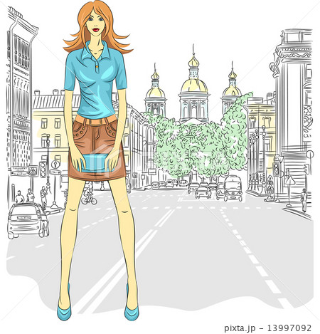 Vector beautiful fashion girl top model on the street in St. Pet 13997092
