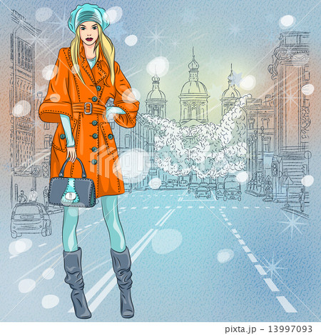 Vector beautiful fashionable girl on the avenue Vector beautiful fashionable girl on the avenue 13997093