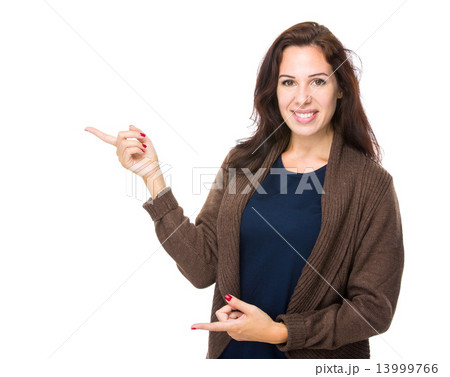 Woman with two finger point up Woman with two finger point up 13999766