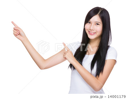 Woman with two finger point up Woman with two finger point up 14001179