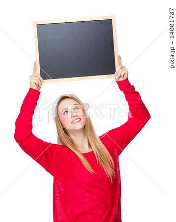 Woman with christmas hat and hold up with chalkboard Woman with christmas hat and hold up with chalkboard 14001787