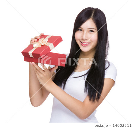 Woman open with red gift box Woman open with red gift box 14002511