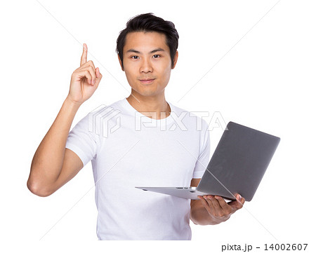 Asian man use notebook computer and finger up 14002607