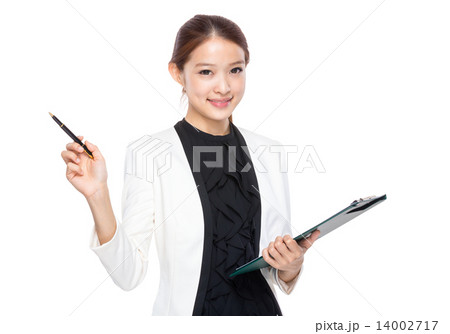 Businesswoman with clipboard and pen up Businesswoman with clipboard and pen up 14002717