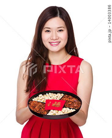 Woman hold chinese snack box Woman hold chinese snack box 14003386