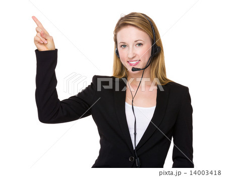 Customer services officer and finger point up Customer services officer and finger point up 14003418
