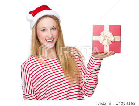 Woman with santa hat and hand hold with red gift box 14004165