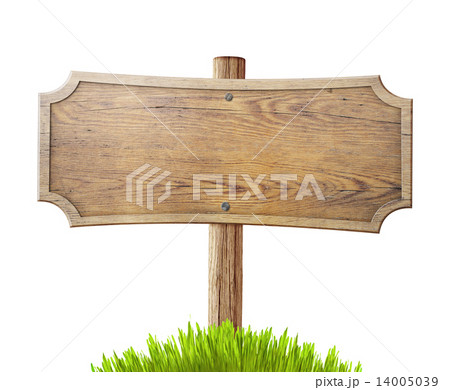 old wood road sign with grass isolated on white  14005039