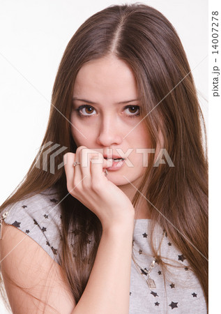 Portrait of beautiful girl with hand near face Portrait of beautiful girl with hand near face 14007278