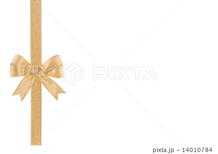 Golden ribbon with a bow on white background 14010784