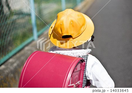 黄色い帽子と赤いランドセルで通学する小学一年生の女の子の写真素材