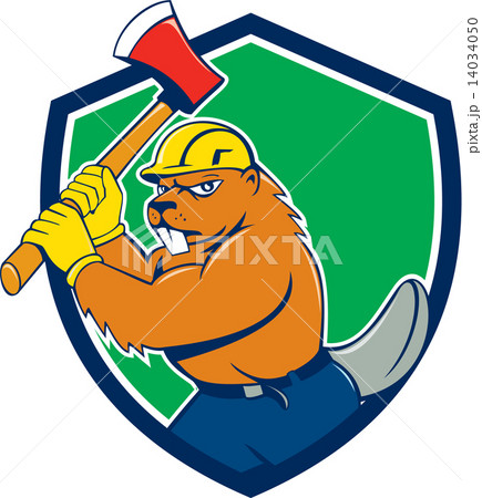 Beaver Lumberjack Wielding Ax Shield Cartoon 14034050