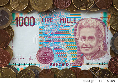 Old italian banknote - 1000 lire and eur coins 14038389