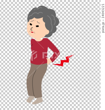 An elderly woman suffering from low back pain An elderly woman suffering from low back pain 14043221