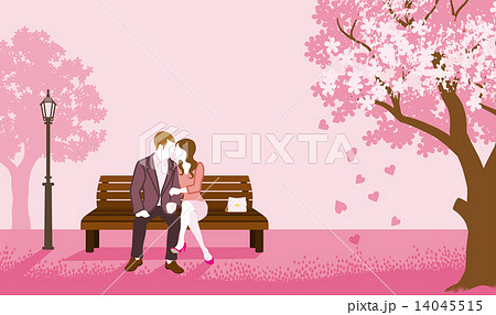 ベンチに座るカップル ピンク色のイラスト素材