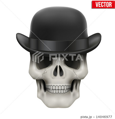 Human skull with black bowler hat 14046977