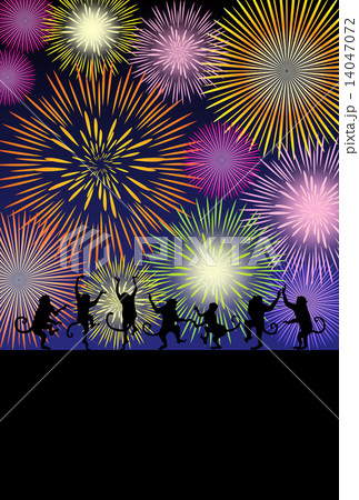 サルのシルエットと花火のイラスト素材