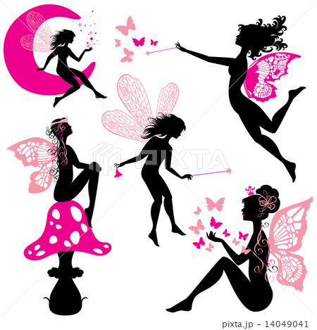 Set of silhouette fairy girls with butterflies and stars isolate Set of silhouette fairy girls with butterflies and stars isolate 14049041