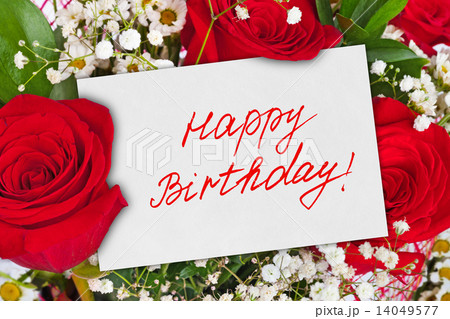 Roses bouquet and card Happy Birthday 14049577