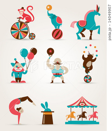 vintage huge circus collection with carnival, fun fair, vector icons and background  14049907