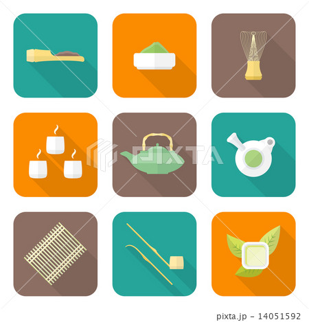 various color flat style japan tea ceremony equipment icons set. 14051592