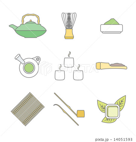 various colored outline japan tea ceremony equipment icons set. 14051593