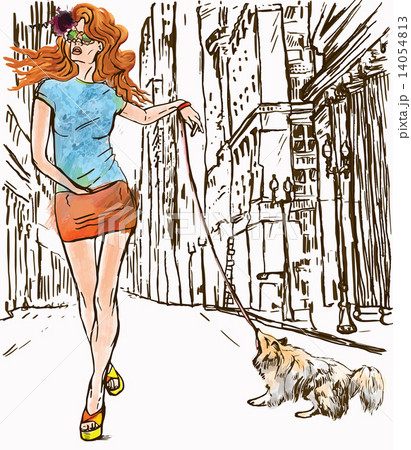 An woman through the street. Hand drawn vector. 14054813