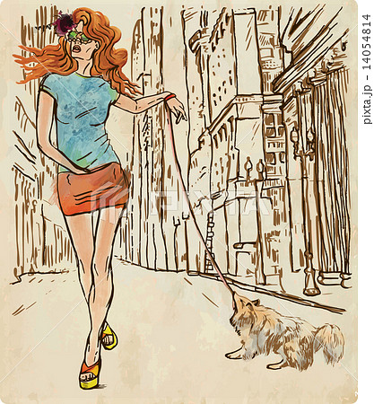An woman through the street. Hand drawn vector. 14054814