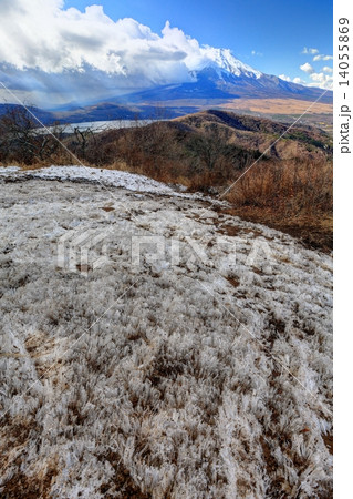 霜柱に覆われた石割山から富士山を望む 霜柱に覆われた石割山から富士山を望む 14055869