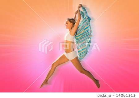 Composite image of gorgeous fit blonde leaping with scarf 14061313