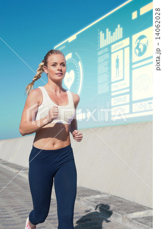 Composite image of fit blonde jogging on the pier Composite image of fit blonde jogging on the pier 14062028