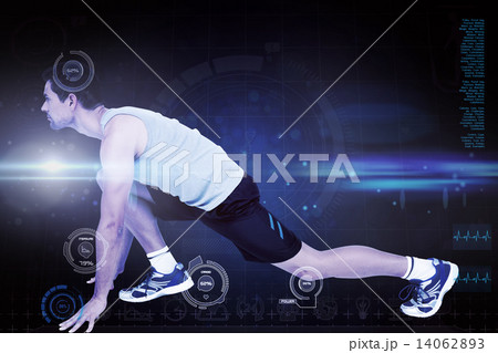 Composite image of side view of a young man in ready to run post 14062893