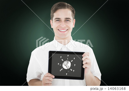 Composite image of geeky businessman showing his tablet pc 14063168