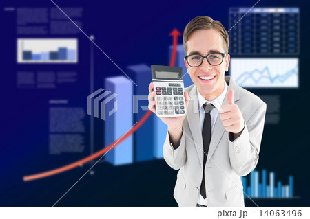 Composite image of geeky smiling businessman showing calculator 14063496