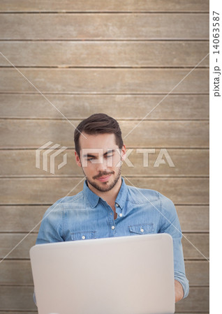 Composite image of handsome man using laptop 14063587