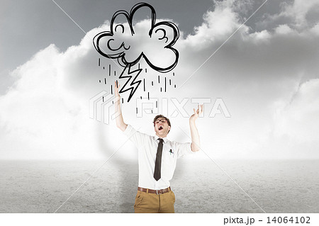 Composite image of geeky businessman standing with arms raised 14064102
